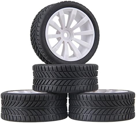 Mxfans Black Rubber Single-oriented Tires &amp; White Plastic 10-Spoke Wheel Rim for RC1:10 On Road Racing Car Pack of 4