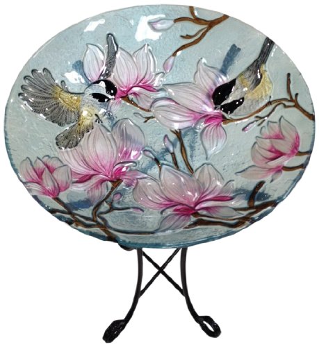 Continental Art Center CAC2607950 Deep Hand Painted Glass Plate, 18 by 3-Inch, Magnolia and Chickadee