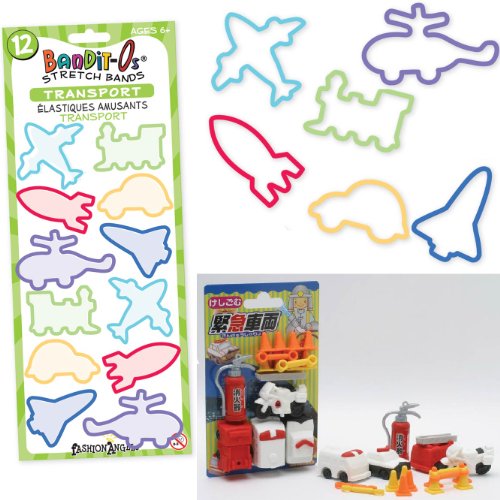 ROAD EMERGENCY SERVICE Bundle: 9 Pieces Genuine Iwako Japanese Eraser Emergency Set and 12 Bandit-O's Shaped Rubber Bands -TRANSPORT Bracelets (Similar to Silly Bandz)