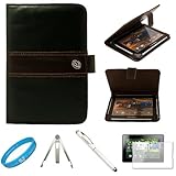 IMAGE OF Espresso Brown Executive Leather Jacket Carrying Case Cover with Accessory Slots for Blackberry Playbook 7-inch Tablet Compatible with all Models (16GB, 32GB, 64GB) + Clear Screen Protector + Executive White Stylus Pen with Laser Pointer and LED Light + Silver Color Metal Stand for your Tablet + SumacLife TM Wisdom Courage Wristband