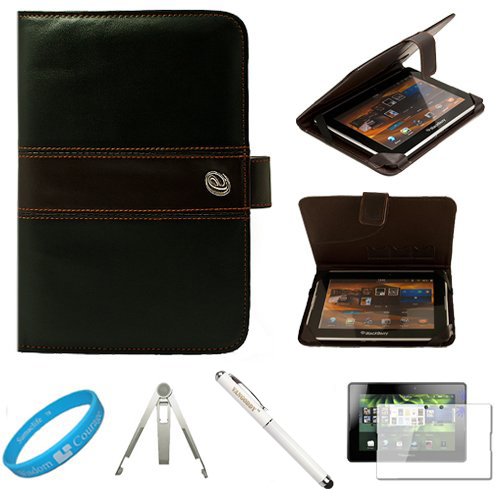 Espresso Brown Executive Leather Jacket Carrying Case Cover with Accessory Slots for Blackberry Playbook 7-inch Tablet Compatible with all Models (16GB, 32GB, 64GB) + Clear Screen Protector + Executive White Stylus Pen with Laser Pointer and LED Light + Silver Color Metal Stand for your Tablet + SumacLife TM Wisdom Courage Wristband