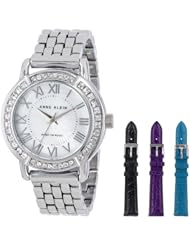 Anne Klein Womens AK/1393INST Swarovski Crystal Accented Silver-Tone Bracelet and Leather Strap Set Watch