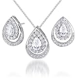 Classic Beauty Pear Shape White CZ Pendant Earrings Set in Sterling Silver