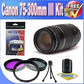 Canon EF 75-300mm f/4-5.6 III Telephoto Zoom Lens for Canon SLR Cameras + 3 Piece Professional Filter Kit + Accessory Saver Bundle!