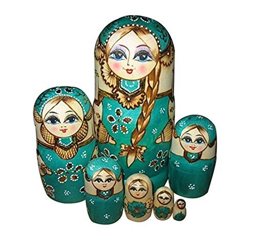 Leegoal New 7pcs Wooden Russian Nesting Dolls Braid Girl Dolls Traditional Matryoshka Wishing Dolls Gift Green