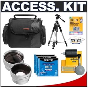 Deluxe Accessory Kit with Carrying Case + 2x Telephoto Lens + 0.5x Wide Angle Lens + DVD-R 3-Pack + Tripod for Compact DVD-R Camcorders including Canon DC410, DC420 and Hitachi DZBD10HA