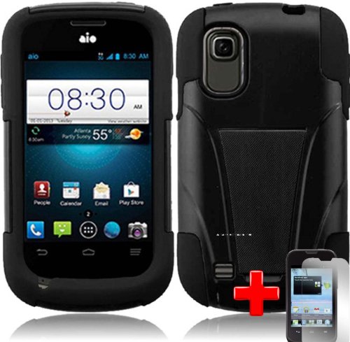 ZTE Prelude Z993 / Avail 2 Z992 (AIO Wireless/AT&T) 2 Piece Silicon Soft Skin Hard Plastic Case Cover, Black + LCD Clear Screen Saver Protector