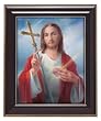Sacred Heart of Jesus with Cross in Gloss Walnut Wood Frame with Gold Trim, 10.75" x 12.75" - MADE IN ITALY