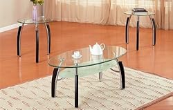 3pc Modern Oval Metal and Glass Coffee & End Table Set
