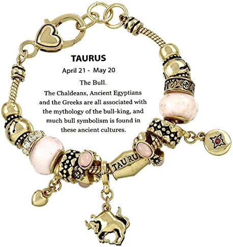Taurus Charm Bracelet Zodiac D2 Bull April 21 May 20 Pink Murano Beads Gold Tone