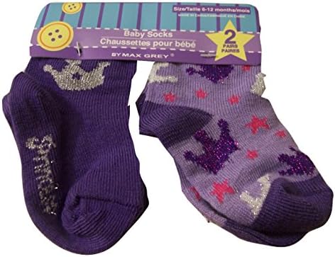 Max Grey Baby Socks ~ Set of 2, 6-12 Months (Sparkle Purple ~ Princess & Crowns)