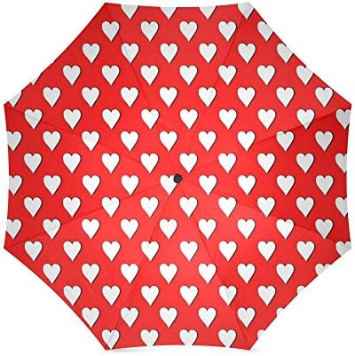 Cute White Heart Shaped Dots on Red Background Folding Rain Umbrella/Parasol/Sun Umbrella