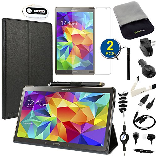 BIRUGEAR 14 Items Essential Accessories Bundle kit for Samsung Galaxy Tab S 8.4 inch T700 T705 Tablet (Black SlimBook Leather Shell Hardback Folio Stand Case included)