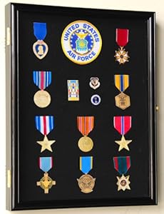 Military Medals, Pins, Patches, Insignia, Ribbons, Flag Display Case Cabinet, Black