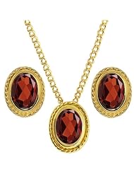 2.70 Ct Oval Red Garnet 925 Yellow Gold Plated Silver Pendant Earrings Set
