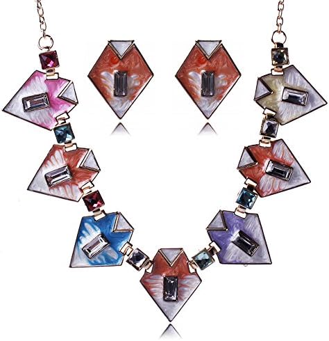 LAM Sue Retro Silver Plated Elegant Color Focus Diamond Gem Pendant Fancy Lady Party Cocktail Dress Necklace Earrings Set Multicolour