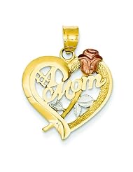 14K Tri Color Gold #1 Mom W/Rose Heart Charm Pendant
