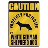 CAUTION  PROPERTY PROTECTED BY WHITE GERMAN SHEPHERD DOG  PARKING SIGN DOG