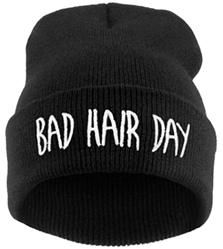 Knit Black Bad Hair Day Beanie Hat Letter Beanie