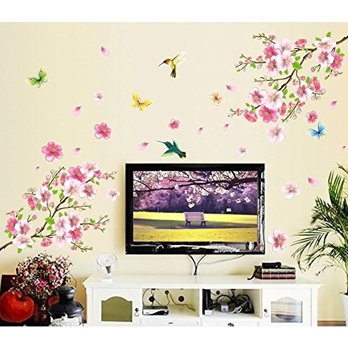 CukudyÂ® Pink Cherry Blossom Tree with Butterfly Vinyl Art Wall Decal