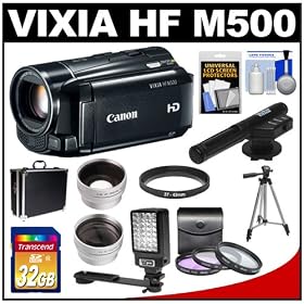 Canon Vixia HF M500 Flash Memory 1080p HD Digital Video Camcorder with 32GB Card + Video Light + Case + Tripod + Microphone + 3 (UV/FLD/PL) Filters + Telephoto & Wide-Angle Lenses + Accessory Kit