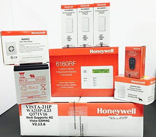 Honeywell Vista 21IP, 6160RF Keypad, (3) 5816WMWH, 5800PIR-RES, 5834-4, Battery and Siren Kit Package