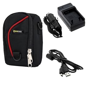 EveCase Large Digital Camera Pouch Nylon Case + Li-50B Battery Charger with Car Adapter + Replacement CB-USB6 Cable for Olympus XZ-1 SZ-11 SZ-12 TG-610 TG-810 TG-820 iHS SZ-31MR iHS SZ-30MR, Stylus Tough 8000 8010 6020 6000 9000