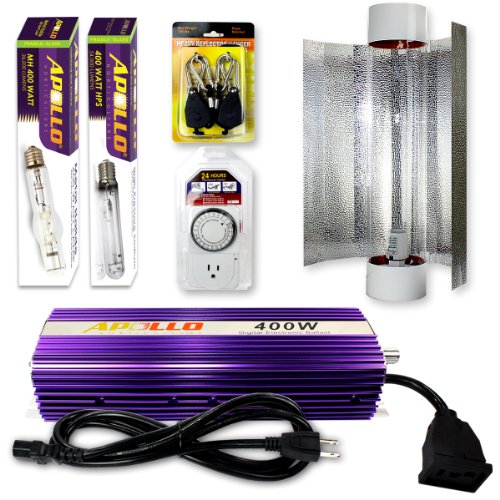 Apollo 400w Watt HPS MH Grow Light w/ Dimmable Ballast + Air Cool Hood Reflector + Rope Ratchet and Accessories