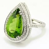 Diamond and Pear Shaped Peridot Ring, 18K White Gold