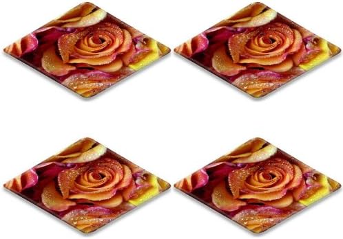 Rose Petals Stains Bouquet Drops Square Coaster (4 Piece) Set Fabric Rubber 5 Inch Size Liil Coaster Cup Mug Can Water Bottle Drink Coasters Stain Resistance Collector Kit Kitchen Table Top Desk