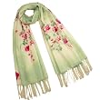 100% Pashmina Cashmere Hand Painted Watercolor Peach Tree in Bloom Tassels Ends Long Scarf Shawl - Green