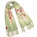 100% Pashmina Cashmere Hand Painted Watercolor Peach Tree in Bloom Tassels Ends Long Scarf Shawl - Green