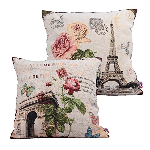 Queenie® - 2 Pcs of Cushion Cover Decorative Throw Pillow Case Tapestry Polyester Pillowcase 18 X 18 Inch 45 X 45 Cm (Eiffel Tower & Arch of Triumph Bundle Set)