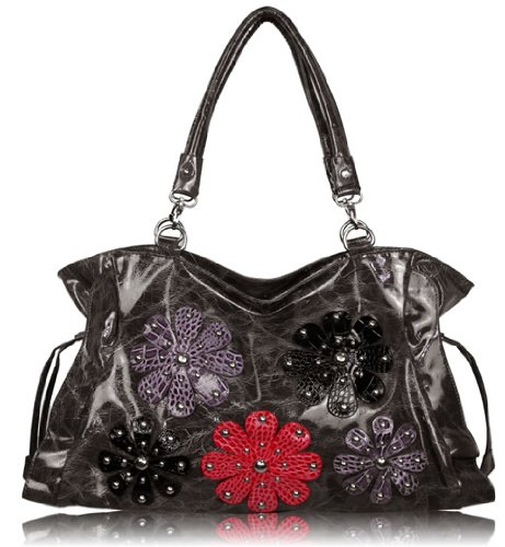 Womens Grey Patent Flower Designer Shoulder Handbag