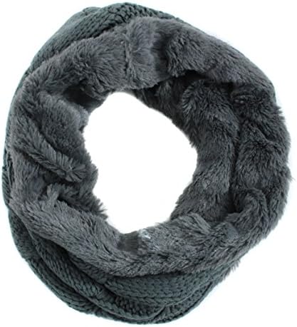 Women's Classic Cable Knit Faux Fur Lined Cowl Scarf (12" X 16") (Grey)
