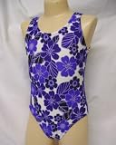 Basic One Piece Girls Swim Tank Crotch Linned Purple Water Hibiscus Sizes 4-14