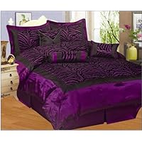 8pc High Quality Queen Faux Silk and Flocking Printing Purple / Black Zebra Comforter Set Bedding in a Bag.