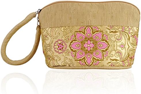 FFLEMON Chinese Traditional Embroidered Fabric makeup bag, Brocade Hand Stitch Embroidery bag,Cosmetic Makeup bag,Easy for travelling (Golden)