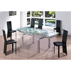 Modern Furniture Contemporary Rain Illusion Tempered Glass Dining Table and 6 Black Vinyl Chairs by ModernLineFurniture