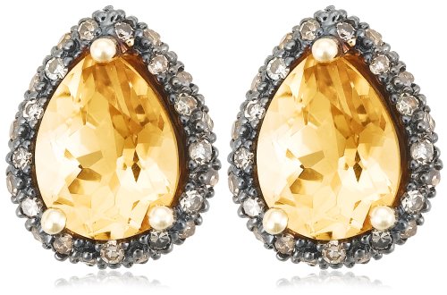14k Yellow Gold 8x6 Pear-Shaped Citrine and Brown Diamond Earrings Set in Black Rhodium