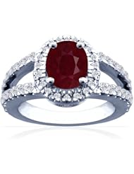 14K White Gold Cushion Cut Ruby Ring With Sidestones