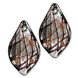 Murano Style Glass Silver Foil Black and Red Small Leaf For Earrings (2)