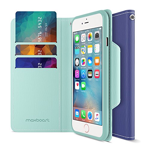 iPhone 6S Wallet Case, Maxboost [Elegance Series] iPhone Wallet Cover for iPhone 6 / 6S Protective PU Leather Card Case w/3 Card Slots + Side Pocket Flip Magnetic - Navy Blue/Teal
