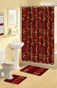 Modern Geometric Burgundy Rings 17 Piece Bath Rug Shower Curtain Hooks Towel Set