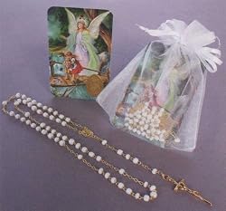 Baptism Remembrance - Gold Plated Rosary in White Gift Package with Guardian Angel Gift Card