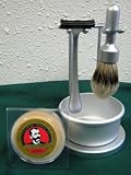 Merkur 4pc. Double Track Razor Shave Set with Double Track Razor, Brushed Chrome Bowl, Stand, Badger Brush & Shaving Soap- #650- Made in Germany
