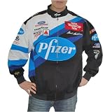 Mens Chase Authentics Nascar Pfizer Mark Martin blue, white and black Nextel Winston Cup Series racing jacket. Very high quality Nascar fan gear with head turning logo embroideries all over the the jacket.
