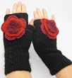 Handmade Artisan Pure Alpaca Natural Fiber Fingerless Gloves - Sophisticated Black with Crocheted Flower Charm (100% Knitted by hand/Women/Teens)