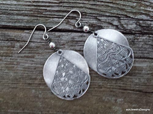 Silver Wavy Circle &amp; Filigree Dangle Earrings. Medallion Circle Earrings. Textured Metal Jewelry. Statement Earrings. E-665