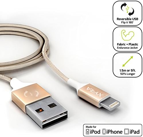 Xyra-XL Reversible USB Syncing Cable-MFi Apple Certified Lightning Connector Charge Sync Cord-Reversible USB,5 ft(1.5m) Long, Fabric+Plastic Jacket-For iPhone iPad iPod (iOS 9 compatible) (Gold)